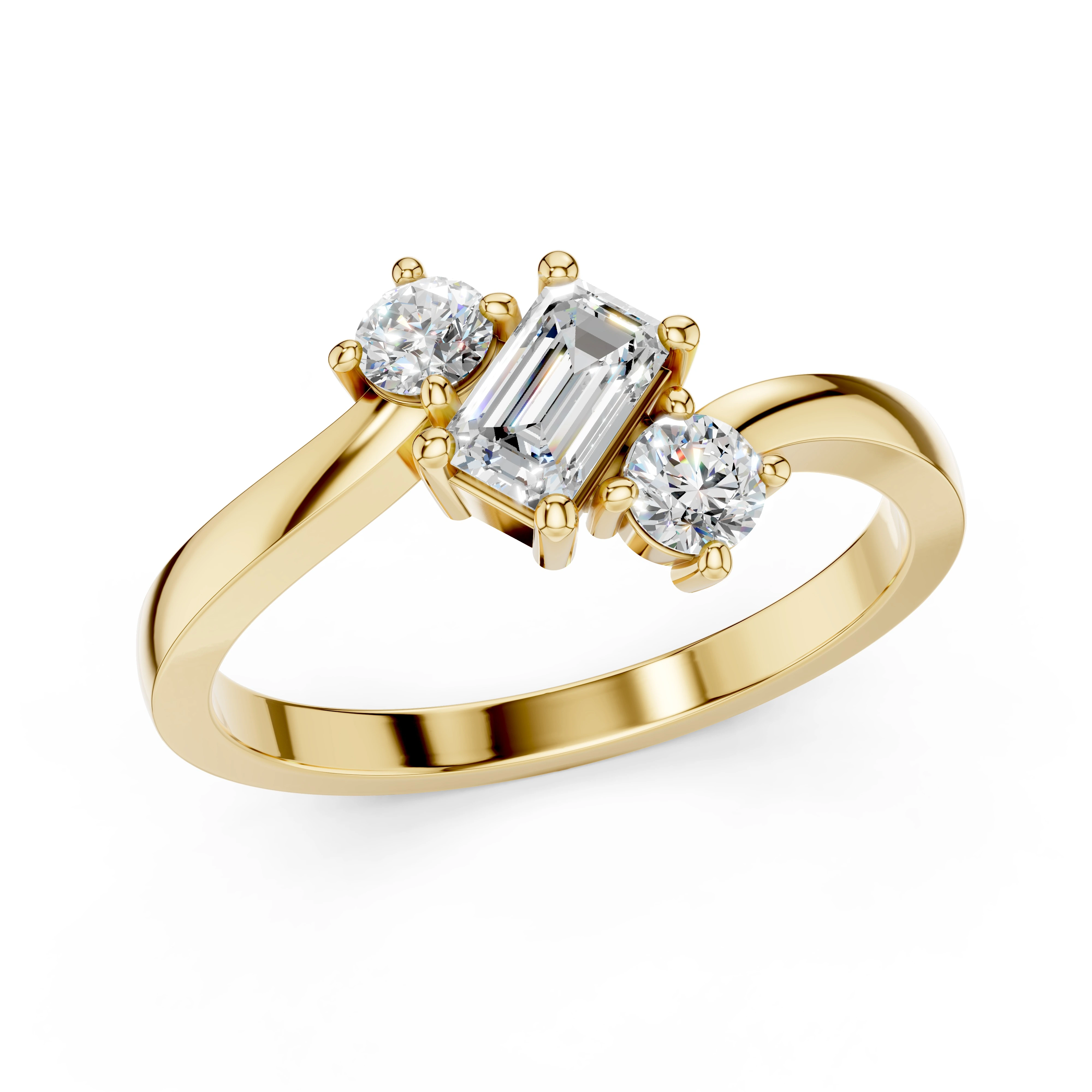 Zlatý prsten s diamantem ve tvaru emerald, doplněný  kulatými diamanty v briliantovém brusu