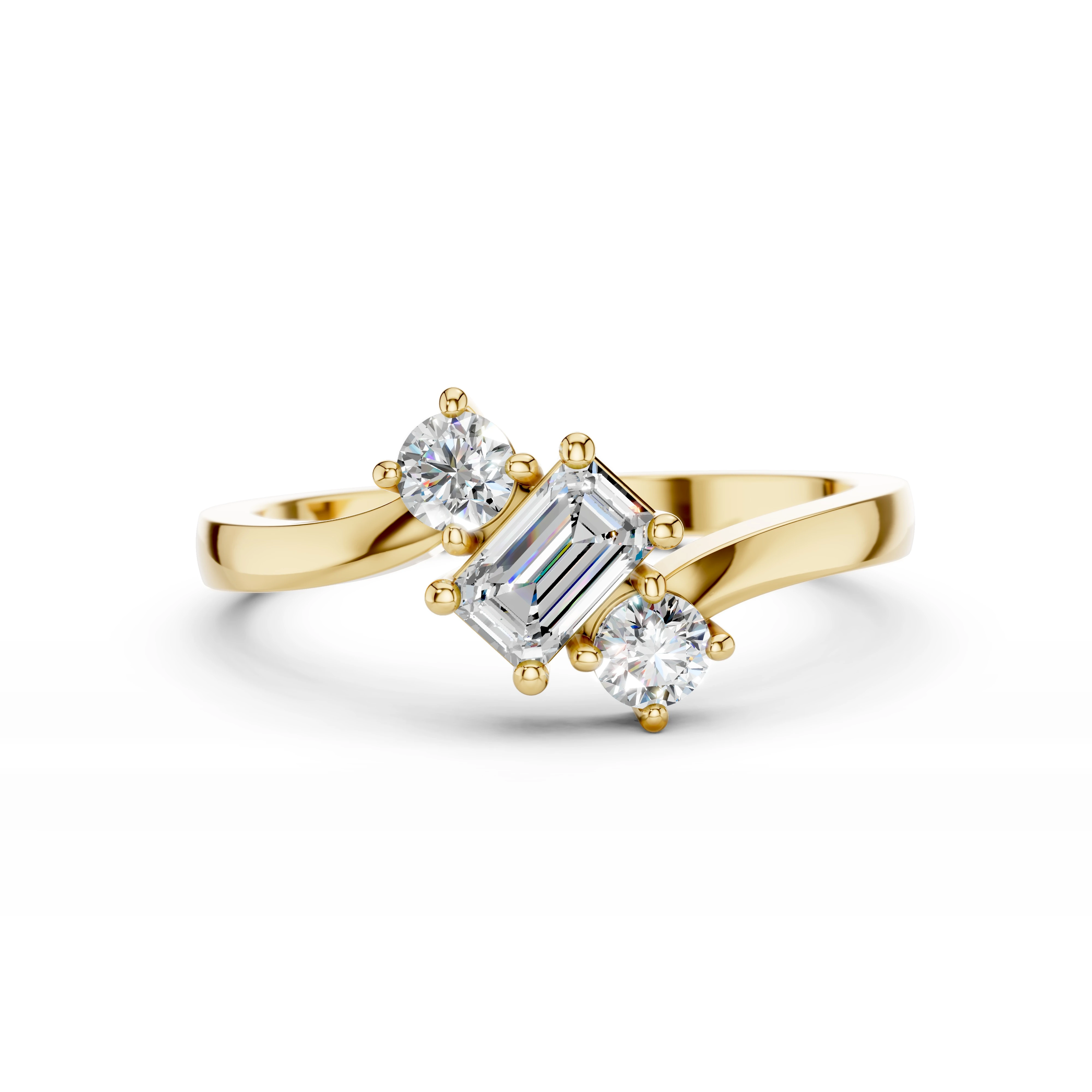 Zlatý prsten s diamantem ve tvaru emerald, doplněný  kulatými diamanty v briliantovém brusu