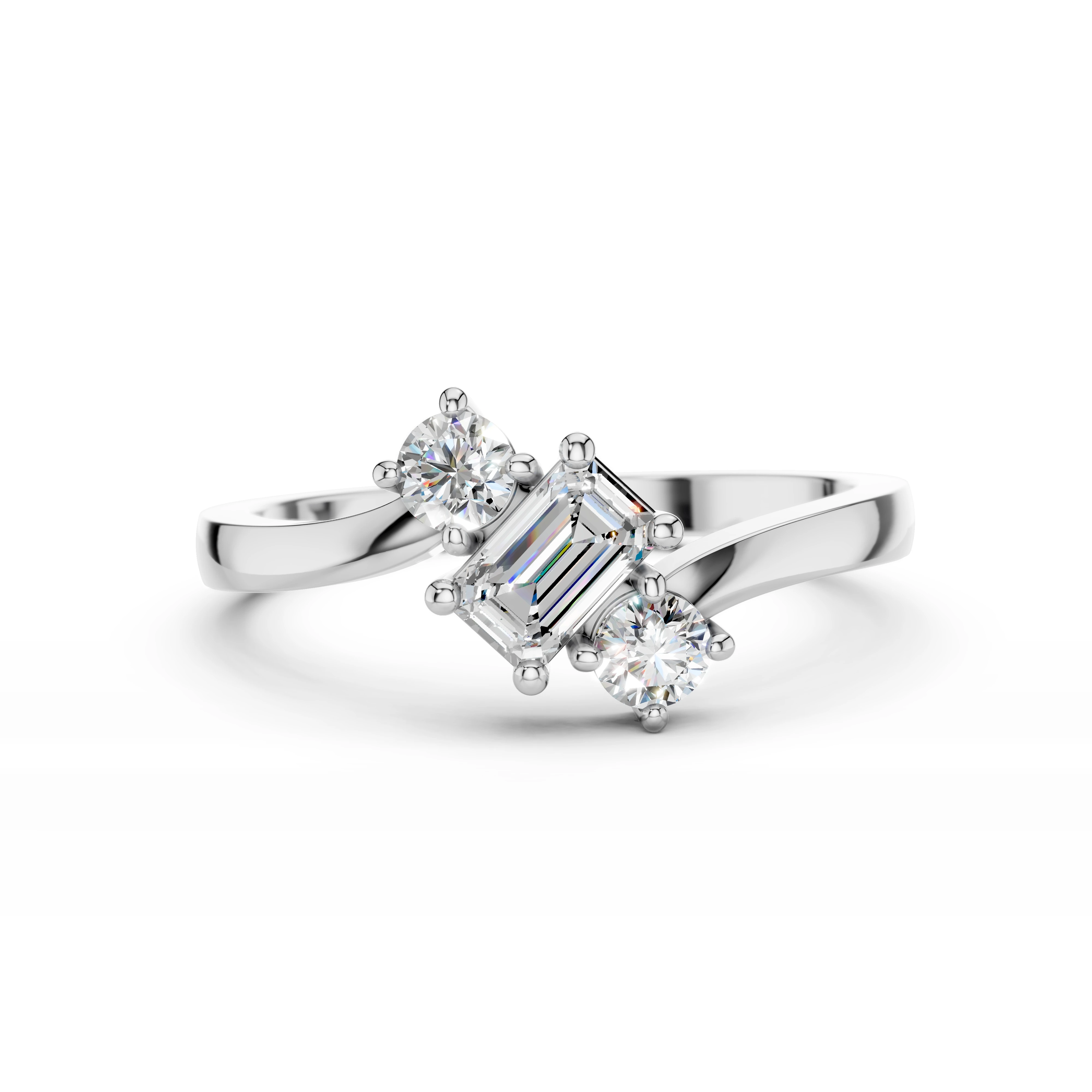 Zlatý prsten s diamantem ve tvaru emerald, doplněný  kulatými diamanty v briliantovém brusu