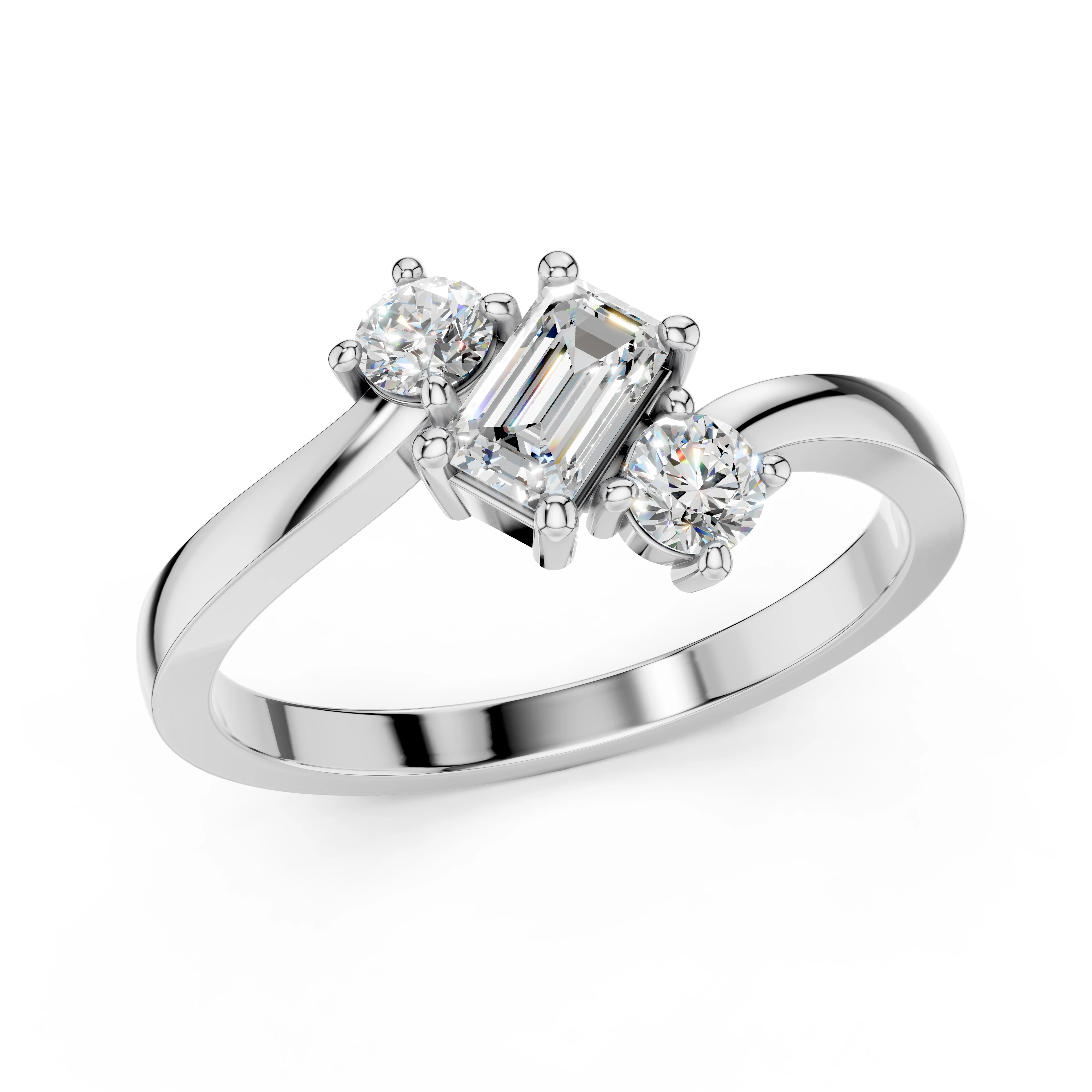 Zlatý prsten s diamantem ve tvaru emerald, doplněný  kulatými diamanty v briliantovém brusu