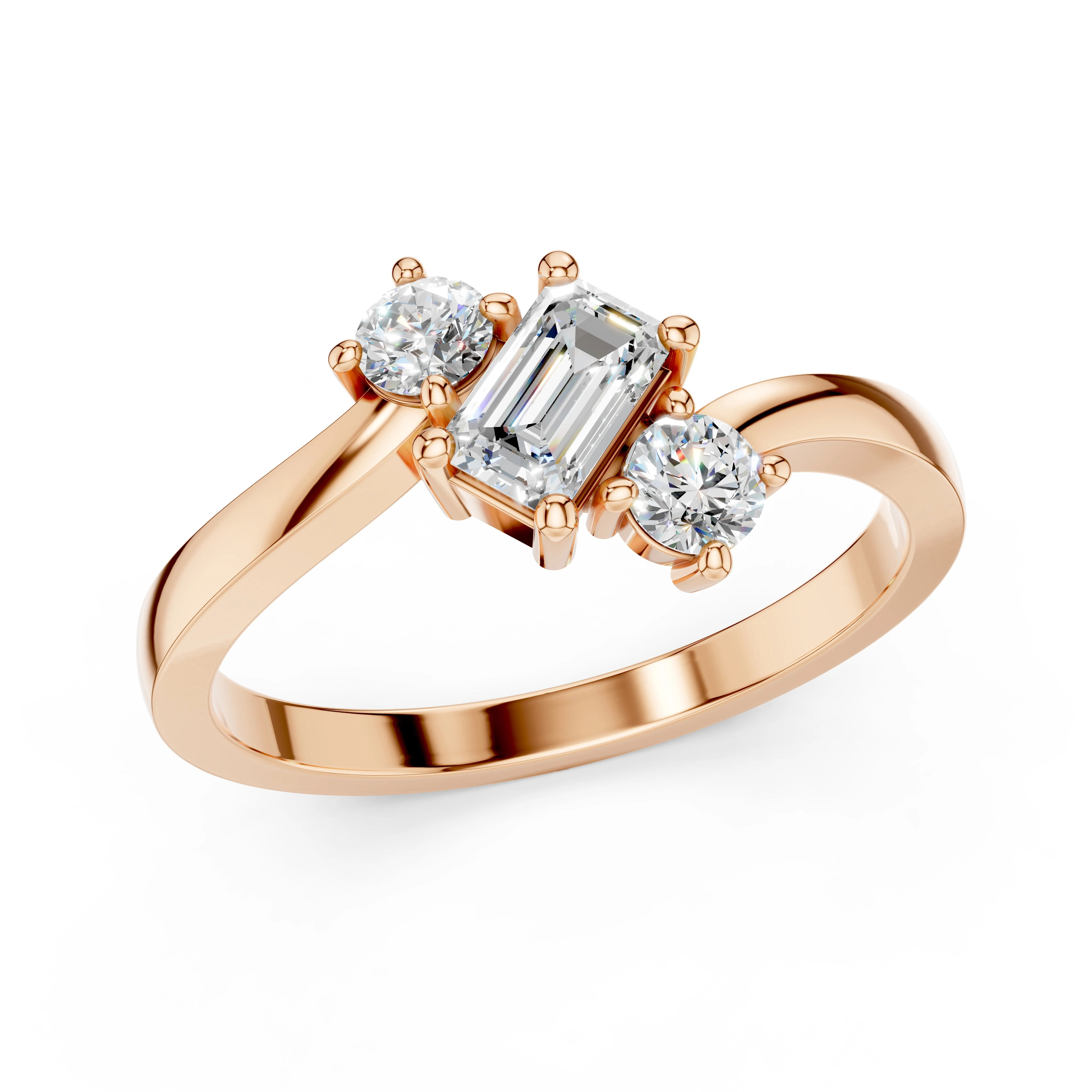 Zlatý prsten s diamantem ve tvaru emerald, doplněný  kulatými diamanty v briliantovém brusu